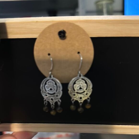 Silver and Brown Dangle Earrings - Picture 3 of 3